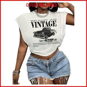 Plus Size Crop Tee Vintage Car Graphic Short Sleeve Crew Neck Casual